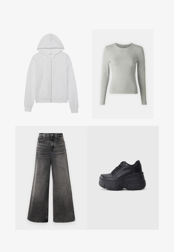 Hanorac alb cu fermoar, din bumbac, având glugă, buzunare frontale și manșete ribbate. Textură moale cu un design simplu și curat.; tricou lung gri deschis din bumbac moale, cu decolteu rotund și siluetă ajustată, fără modele sau accente vizibile.; Jeans negre cu croială largă din denim, cu un aspect decolorat, design cu cinci buzunare și închidere cu nasture la talie, având accente cusute.; Adidași negri cu șireturi, cu un toc gros, având partea superioară din piele netedă, vârf rotund și un design distinct de platformă stratificată.