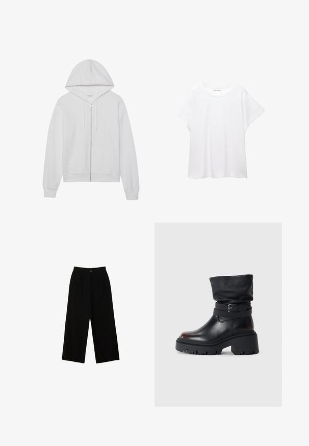 Witte rits-hoodie gemaakt van katoen, met een capuchon, voorzakken en ribgebreide manchetten. Zachte textuur met een eenvoudig, strak ontwerp.; Witte T-shirt van zacht, lichtgewicht stof. Heeft een ronde halslijn en korte, brede mouwen met een ontspannen pasvorm. Geen zichtbare patronen.; Zwarte wijd uitlopende broek gemaakt van een glad materiaal, met een hoge taille, voorplooien en een enkele sluiting met een bovenste knoop.; Zwarte leren enkelboot met een slappe schacht, gespsluiting en een dikke, robuuste zool. Beschikt over een ronde neus en een gladde textuur.