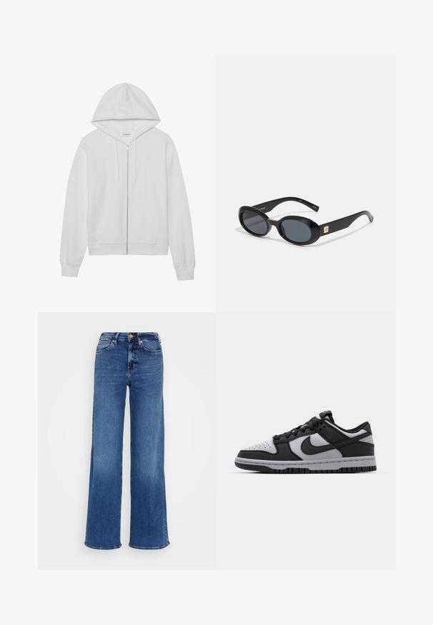 Vit zip-up hoodie i bomull, utrustad med huva, framfickor och ribbade ärmslut. Mjuk textur med en enkel och ren design.; Svart långärmad croptop i lättviktsmaterial, med rund halsringning och figurnära siluett, med rena sömmar och utan dekorationer.; Vida blå jeans gjorda av denim, med hög midja, fem fickor och knappstängning. Subtila blekningar och sömnadsdetaljer syns.; Svarta och grå Nike Dunk låga sneakers med perforerat tåparti, släta läderaccenter och gummisula med strukturerat mönster.; Svarta ovala solglasögon med mörka linser, blank plastbåge, breda skaft och en liten guldkant på en sida.