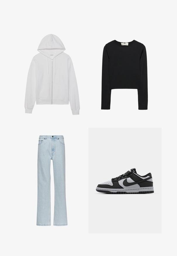 Witte rits-hoodie gemaakt van katoen, met een capuchon, voorzakken en ribgebreide manchetten. Zachte textuur met een eenvoudig, strak ontwerp.; Zwarte lange mouw crop top van lichtgewicht stof, met een ronde halslijn en een aansluitende silhouet, met schone naden en zonder versieringen.; Karl Kani SMALL SIGNATURE FIVE POCKET STRAIGHT LEG DENIM - Relaxed fit jeans - bleached blue; Zwarte en grijze Nike Dunk lage sneakers met geperforeerde neus, gladde leren accenten en rubberen zool met een gestructureerd profiel.