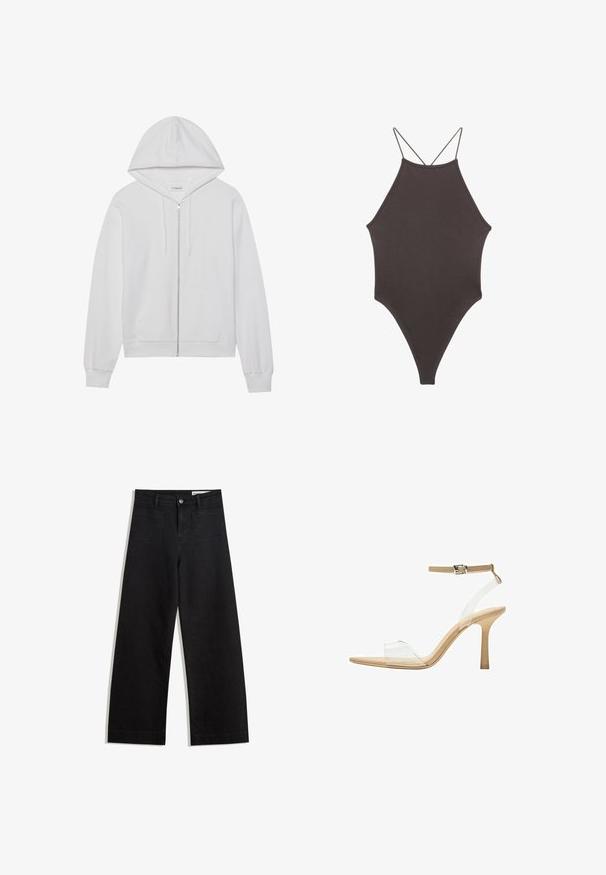 Weiße Zip-up-Hoodie aus Baumwolle, mit Kapuze, Fronttaschen und gerippten Bündchen. Weiche Textur mit einem einfachen, klaren Design.; Brauner, hochgeschlossener Badeanzug mit dünnen, verstellbaren Trägern; zeichnet sich durch einen hohen Beinschnitt und eine glatte Textur aus. Keine Muster oder Verzierungen.; Schwarze weit geschnittene Jeans mit hoher Taille, ausgestattet mit Vorder- und Hintertaschen, gesteppten Nähten und einem Knopfverschluss. Glatte Textur.; Durchsichtige Sandale mit transparentem Obermaterial, beigem Fußbett und einem schlanken Knöchelriemen. Sie hat eine spitz zulaufende Zehenpartie und einen dünnen, hohen Absatz.