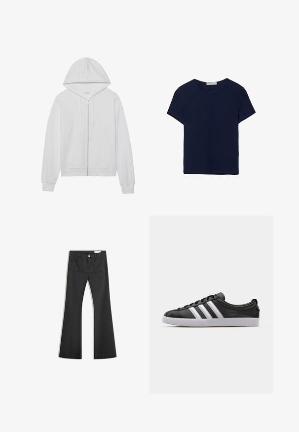 Haut en coton zippé blanc, avec une capuche, des poches avant et des poignets côtelés. Texture douce avec un design simple et épuré.; T-shirt en coton bleu marine à manches courtes avec un col rond, présentant une texture lisse et un ourlet droit sans motifs ni accents.; Jean noir évasé en denim avec une texture lisse, comportant deux poches arrière et une fermeture boutonnée à la taille.; Baskets en cuir noir avec un design à trois bandes blanches, bout arrondi, semelle plate en caoutchouc blanc et détail de marque sur le côté.