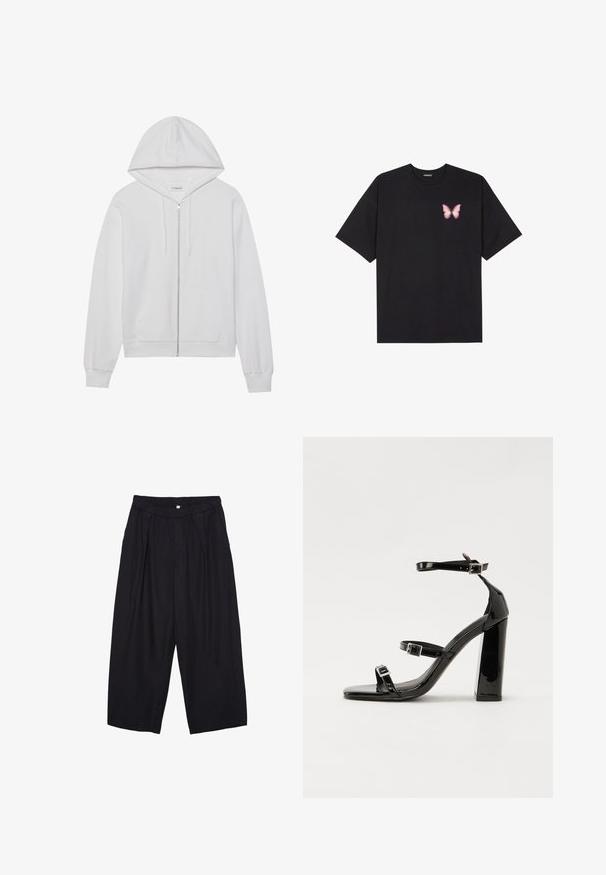 Biela mikina na zips vyrobená z bavlny, s kapucňou, prednými vreckami a rebrovanými manžetami. Mäkká textura s jednoduchým a čistým dizajnom.; Čierne bavlnené tričko s krátkymi rukávmi, s malým ružovým motýlikom na ľavej hrudi. Design s okrúhlym výstrihom a uvoľneným strihom.; Čierne polyesterové culotte nohavice s elastickým pásom, dvoma prednými záhybmi a voľným strihom. Žiadne viditeľné vzory ani detaily z kovu.; Čierne lakované sandále na podpätku so štvorcovou špičkou, navlečenými remienkami okolo členku a striebornými prackami. Disponujú masívnym blokovým podpätkom pre stabilitu.