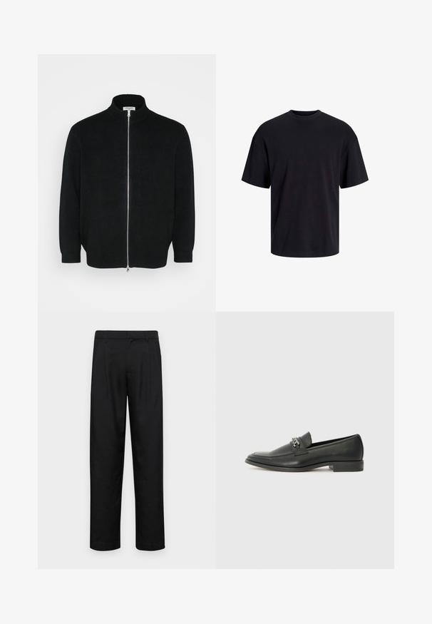 Črna zip-up bunda iz mehkega pletenega materiala z rebrastim ovratnikom in manšetami. Ima spredaj polno dolžino srebrnega zadrge.; Črna bombažna majica s krojačkom izrezom, kratkimi rokavi in sproščenim krojem. Gladka tekstura in brez vidnih vzorcev ali poudarkov.; Črne hlače iz gladkega materiala, s krojem ravne noge, dvema sprednjima pregiboma in standardnim pasom z zankami za pas.; Črni usnjeni loafer z gladko površino, ki ima šivano zasnovo in dekorativni kovinski verižni naglas preko vampirja. Ravno peto.