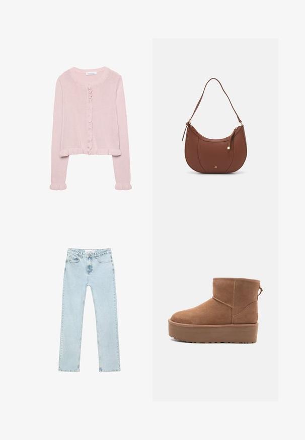 Light pink knitted cardigan with a round neckline, button front, and ruffled trim at the cuffs and hem. Soft texture, cropped fit.; Plain white t-shirt made of cotton with a round neckline, short sleeves, and a relaxed fit. Smooth texture with no patterns or accents.; Light blue straight-leg jeans made of denim. Features front pockets, a zip-fly with a button, and visible stitching along the seams.; Tan suede ankle boot with a platform sole, rounded toe, and stitching accents; features a pull tab at the back for easy wear.; Brown faux leather shoulder bag with curved shape, minimal stitching, and a gold-tone hardware accent. Features a top zipper closure and adjustable strap.