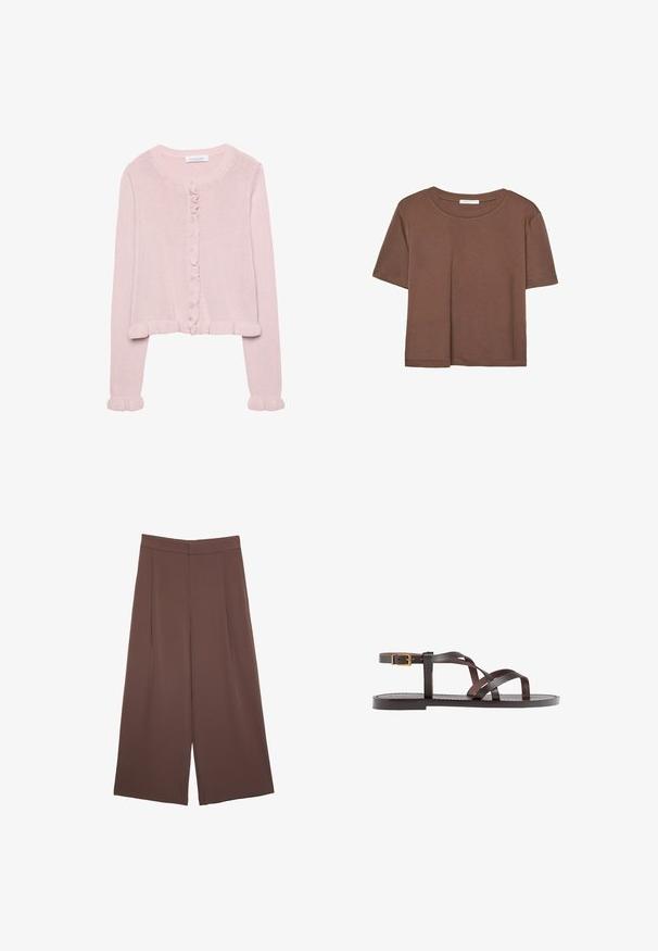 Cardigan lavorato a maglia rosa chiaro con scollatura rotonda, chiusura a bottoni e rifiniture arricciate sui polsini e sull'orlo. Tessuto morbido, vestibilità corta.; Maglietta a maniche corte marrone realizzata in tessuto morbido, con scollatura rotonda e vestibilità rilassata. Nessun motivo o dettaglio visibile.; Pantaloni ampi marroni con una texture liscia, caratterizzati da una vita alta e pieghe frontali. Il tessuto è leggero e scorre liberamente.; Sandal in pelle marrone con cinturini incrociati, chiusura con cinturino alla caviglia e suola piatta con dettagli di cucitura minimi.