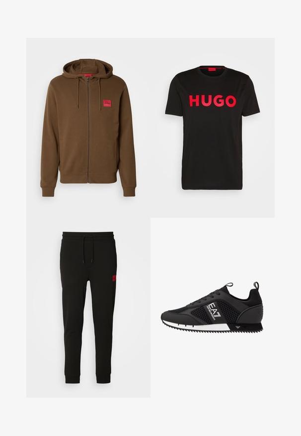 Felpa con zip di colore marrone, con tasche a marsupio, cappuccio regolabile con cordino e una toppa rettangolare rossa con la scritta "HUGO" sul petto.; T-shirt nera in cotone con il testo "HUGO" rosso audace sul davanti, maniche corte, scollo rotondo e vestibilità rilassata.; Pantaloni felpati neri realizzati in tessuto morbido, con vita regolabile tramite cordoncino, vestibilità slim e una patch rossa con logo sulla coscia sinistra.; EA7 Emporio Armani LACES UNISEX - Sneakers basse - black/white