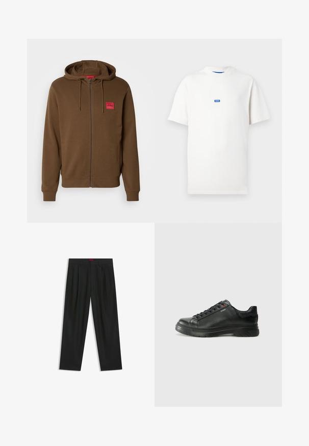 Brown zip-up hoodie with kangaroo pockets, adjustable drawstring hood, and red rectangular patch labeled "HUGO" on the chest.; White short-sleeve T-shirt with a small blue rectangular logo reading "HUGO" centered on the chest, plain background.; Black trousers with a pleated design, wide leg shape, and a smooth texture. Features a red waistband tag.; Black leather sneaker with textured upper, padded collar, and red logo detail. Features a thick rubber sole with distinct tread pattern.