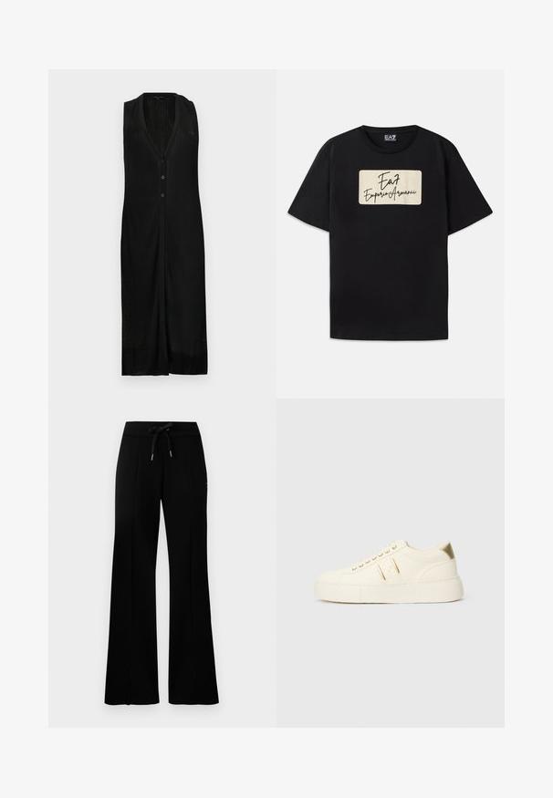Svart ermeløs kjole med V-hals, vertikal ribbet tekstur, knappestenging og sidesplitter for bevegelse.; Svart bomull T-skjorte med et rektangulært merke logo i kremfarget med håndskrevet stil. Korte ermer og standard passform.; Svart vid bukse med snøring i midjen, sidelommer, myk stoff og et elegant design.; Kremfargede lave sneakers med gullakenter, snørebånd og preget "Armani Exchange" merkevare på sålen og sidepatchen.
