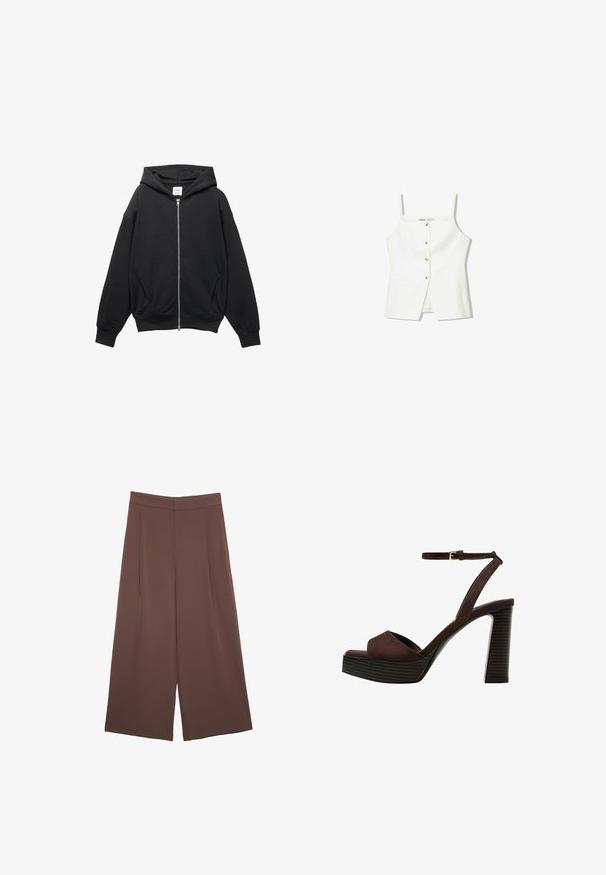 Sort zip-up hættetrøje lavet af blød bomuldsblanding, med hætte, ribbede manchetter og store sidelommer med en afslappet pasform.; Hvid ærmeløs top med knaplukning foran, sidelommer og et tætsiddende design med en let udvidet kant. Glat tekstur, minimal dekoration.; Brune bredbunde bukser med en glat tekstur, der har høj talje og plisseringer foran. Stoffet er let og falder løst.; Brune ruskinds højhælede sandal med åben tå, justerbar ankelrem og en stribet plade sål.
