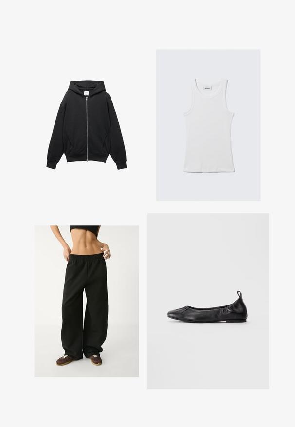 Felpa nera con zip realizzata in morbido cotone misto, dotata di cappuccio, polsini a costine e ampie tasche laterali, con una vestibilità comoda.; Top in cotone bianco senza maniche, con una texture a coste e scollatura rotonda. Presenta un'etichetta sul collo con la scritta "WEEKDAY".; Pantaloni sportivi neri a gamba larga con vita elasticizzata. Realizzati in tessuto morbido, presentano una vestibilità rilassata. Abbinati a sneakers marroni.; Ballet flat nera in pelle con punta arrotondata, lati elasticizzati arricciati e linguetta sul tallone, esposta su uno sfondo chiaro.