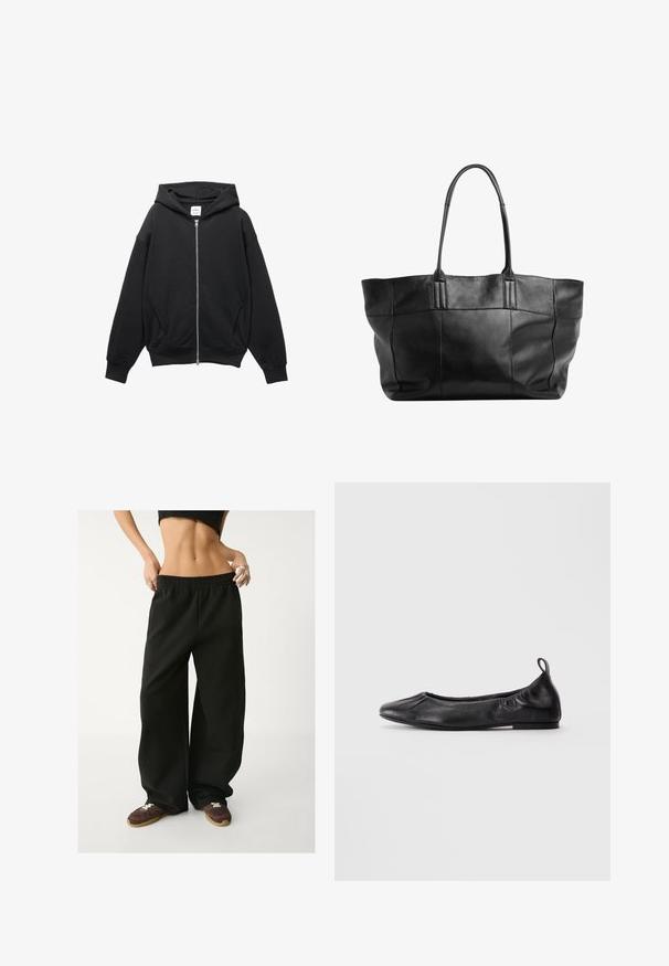 Černá zipová mikina z měkké směsi bavlny, s kapucí, žebrovanými manžetami a velkými postranními kapsami v uvolněném střihu.; Bílé bavlněné tílko s žebrovanou texturou, bez rukávů a kulatým výstřihem. Na krku je štítek s nápisem "WEEKDAY."; Černé volné tepláky s elastickým pasem. Vyrobené z měkké tkaniny, mají uvolněný střih. Spárované s hnědými teniskami.; Černé kožené baletní střevíce s kulatou špičkou, na bocích s gumičkou a s poutkem na patě, vystavené na světlém pozadí.; Still Nordic STILLBASIC SHOPPER - Velká kabelka - black
