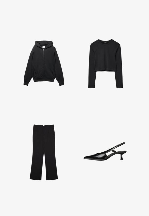 Schwarze Zip-Hoodie aus einer weichen Baumwollmischung, mit Kapuze, gerippten Bündchen und großen Seitentaschen in lockerer Passform.; Schwarzes, langärmliges, kurz geschnittenes Oberteil mit Rundhalsausschnitt, schlichter Gestaltung und leicht abgerundetem Saum.; Schwarze Hose mit geradem Schnitt, ausgestattet mit Fronttaschen und Seitenschlitzen am Saum. Hergestellt aus weichem, glattem Stoff. Geeignet für verschiedene Anlässe.; Schwarze Lackleder-Slingback-High Heels mit spitzer Zehenform, ausgeschnittenem Seitendesign und kleinem Blockabsatz. Glatte Textur mit minimalen Akzenten.