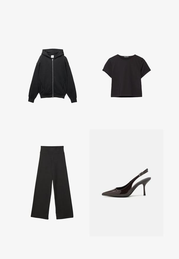 Haut à capuche zippé noir en mélange de coton doux, comportant une capuche, des poignets côtelés et de grandes poches latérales avec une coupe décontractée.; Crop top noir à manches courtes en tissu doux, avec un col rond et une coupe décontractée, présentant un ourlet propre.; Pantalons larges noirs avec une taille élastique haute, en tissu doux et avec un ajustement loose, adaptés pour une tenue décontractée ou des environnements relaxants.; Soulier à talons hauts type slingback en cuir verni marron foncé brillant, à bout pointu, côtés ouverts et bride de cheville réglable.