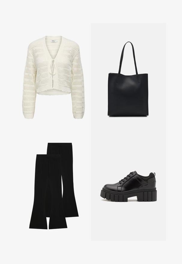 Witte verkorte gebreide cardigan met een v-hals, striksluiting en opengewerkt ontwerp met horizontale en verticale strepen, met textuur aan de randen.; Zwarte T-shirt van katoen, met korte mouwen over een witte lange mouw laag met een subtiel textuurpatroon. Ronde hals ontwerp.; Zwarte flared broeken gemaakt van rekbare stof, met een hoge tailleband en een gladde textuur, met een aansluitend ontwerp dat vanaf de knie uitloopt.; Zwarte leren platform schoenen met een stevige blokhak, ronde neus en een traditionele vetersluiting. Kenmerkt zich door een gladde textuur en minimale details.; Zwarte leren handtas met een gladde textuur, rechthoekige vorm en twee lange handvaten. Geen zichtbare hardware of versieringen.