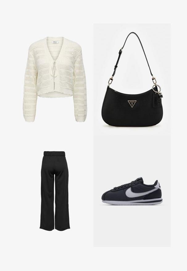 Biely skrátený pletený kardigán s výstrihom do V, zaväzovaním a otvoreným dizajnom s horizontálnymi a vertikálnymi pruhmi, textúrovanými okrajmi.; Biely rebrovaný tielko s okrúhlym výstrihom, bez rukávov a krátkou dĺžkou. Štítok znie "JJXX." Hladká textúra látky.; Čierne široké nohavice s elastickým pásom, vyrobené z hladkej tkaniny. Majú jednoduchý dizajn, bez vreciek alebo viditeľných švíkov.; Čierne športové topánky s sivými akcentmi, hladký syntetický zvršok, textúrovaná podrážka, zaoblená špička a ploché šnúrky. Klasický dizajn s detailom loga.; Čierna syntetická plecnička s oblým siluetom, textúrovaným povrchom, zlatým trojuholníkovým logom a odnímateľnými kovovými detailmi.