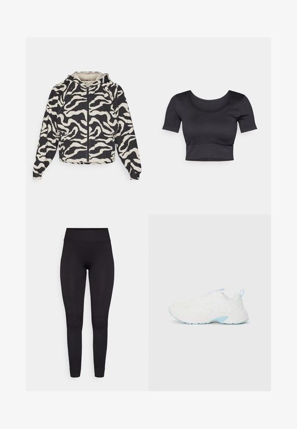 Felpa cropped con un motivo a strisce zebra nero e crema. Presenta una zip frontale e un cappuccio, con polsini e orlo a costine.; Top corto a coste nero con maniche corte, scollatura rotonda ampia e fascia aderente nella parte inferiore. Tessuto morbido, design informale.; Leggings neri a coste con vita alta, materiale elastico e design aderente, che si stringono alla caviglia senza motivi o accenti aggiuntivi.; Scarpa sportiva bianca con tomaia in rete strutturata e accenti azzurri chiari. Presenta punta tonda, lacci piatti e collo della caviglia imbottito.