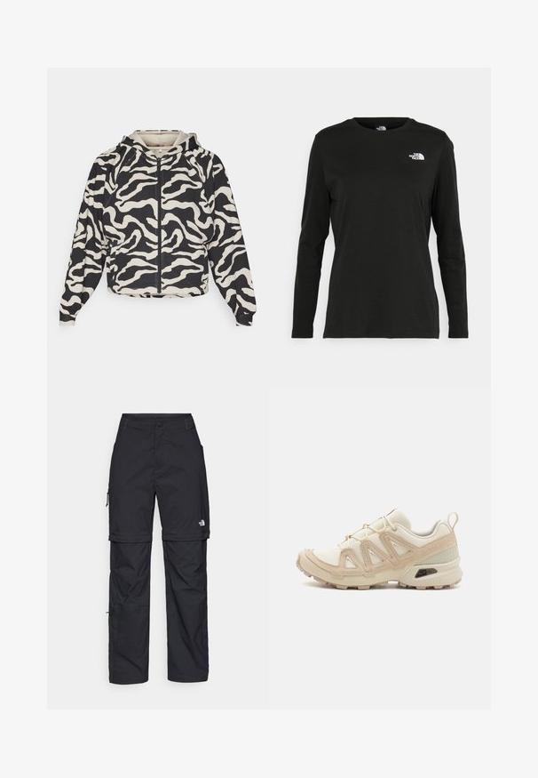 Haut à capuche raccourci avec un motif zèbre noir et crème. Avec une fermeture éclair à l'avant et une capuche, il possède des poignets et un ourlet côtelés.; T-shirt noir à manches longues en coton avec un col rond. Présente un petit logo blanc sur la partie gauche de la poitrine. Design et coupe simples.; Pantalons cargo en nylon noir, à zip amovible, avec chevilles ajustables, plusieurs poches et un logo sur la jambe droite. Texture lisse et légère.; Baskets de sport beiges et crème avec une tige en mesh texturé, des superpositions de soutien et une semelle en caoutchouc dotée d'un motif de crampons pour une traction.