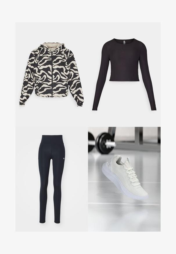 Felpa cropped con un motivo a strisce zebra nero e crema. Presenta una zip frontale e un cappuccio, con polsini e orlo a costine.; Top cropped a maniche lunghe nero realizzato in tessuto a coste. Presenta un collo rotondo e una silhouette aderente con superficie strutturata.; Leggings sportivi neri in tessuto elastico, dotati di una vita alta, tasche laterali e un piccolo logo sulla parte bassa della gamba.; Sneaker atletico bianco con tomaia in rete testurizzata e sistema di allacciatura, caratterizzato da una suola bianca ammortizzata e sottili accenti rigati.