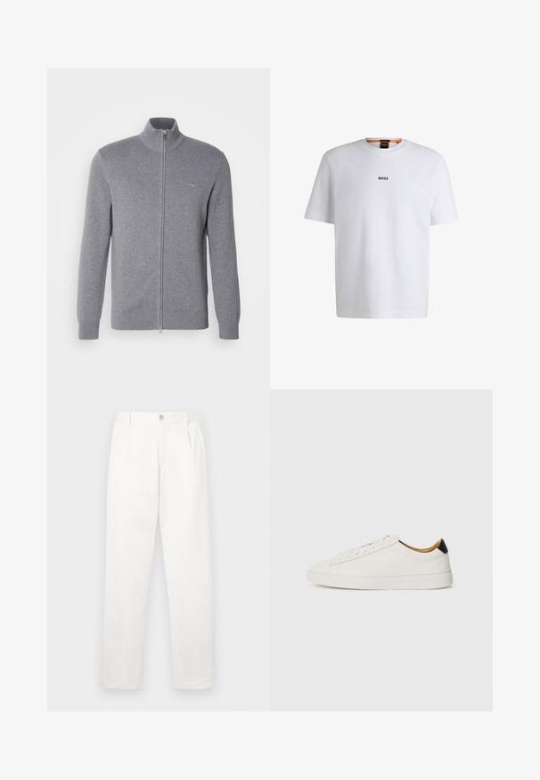 Grå zip-up genser med høy krage, strikkede mansjetter og kant. Har et lite logo på brystet. Laget av et mykt, strukturert stoff.; Hvit bomulls T-skjorte med korte ermer, med en svart "BOSS" logo sentrert på brystet og rund halsdesign.; Hvite bukser laget av glatt stoff, med rett ben-design, frontfolder og en enkelt knappelukking i livet.; Hvit sneaker med et glatt skinnoverside, rund tå og flat såle. Svart detalj ved hælen, med ton-i-ton snøring og minimal merkevare.