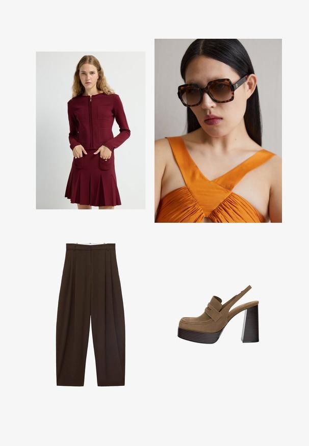 Bordowa kurtka zapinana na zamek z teksturowanym wzorem w kratkę oraz dwoma przednimi kieszeniami, zestawiona z dopasowaną spódnicą w kształcie dzwonu z plisami.; Massimo Dutti - Koszula; Brązowe spodnie z wysokim stanem z zakładkami, wykonane z gładkiego materiału. Luźny krój, prosta nogawka, z różkami na pasek i suwakiem.; Brązowe zamszowe platformy na obcasie z grubym, żebrowanym słupkiem i szerokim paskiem na górze, ze zaokrąglonym noskiem.; Brązowe okulary przeciwsłoneczne w tortoise shell o dużym prostokątnym oprawie i gradientowych soczewkach. Złota detalacja logo po boku.