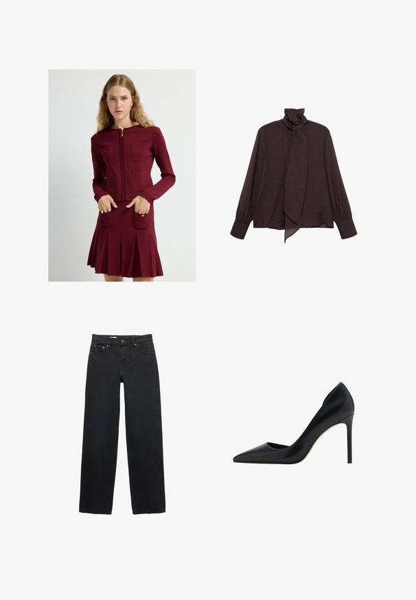 Bordeaux vetoketjullinen takki tekstiiliverkko-kuvioinnilla ja kahdella etutaskulla, yhdistettynä yhteensopivaan liehuvaan hameeseen, jossa on viillot.; Pitkähihainen paita tummanruskeasta rypistyneestä kankaasta. Ominaisuuksia korkea kaulus, jossa on solmiyksityiskohta, ja napitettavat hihat. Sileä, kevyt rakenne.; Mustat leveät farkut denimistä, joissa on viisi taskua, nappikiinnitys, hillitty ompelu ja suora leikkaus vyötäröstä helmaan.; Mango Korolliset avokkaat - black