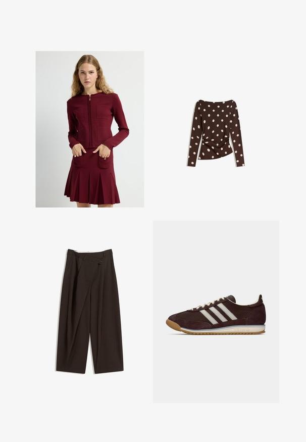 Vínová zipová bunda s texturovaným mřížkovým vzorem a dvěma předními kapsami, spárovaná s odpovídající sukni s rozšířeným střihem a záhyby.; Hnědý dlouhý rukáv top s kulatým výstřihem, zdobený velkými bílými puntíky a nařasením v pase pro obtažený vzhled.; Tmavě hnědé široké kalhoty s vysokým pasem, vybavené jedním tlačítkem na zapínání a plisovaným předním dílem. Vyrobené z lehkého materiálu.; Nízkoprofilová temně burgundská teniska Adidas s bílými pruhy, smetanovými tkaničkami a gumovou podrážkou, boční pohled na jednobarevném pozadí.
