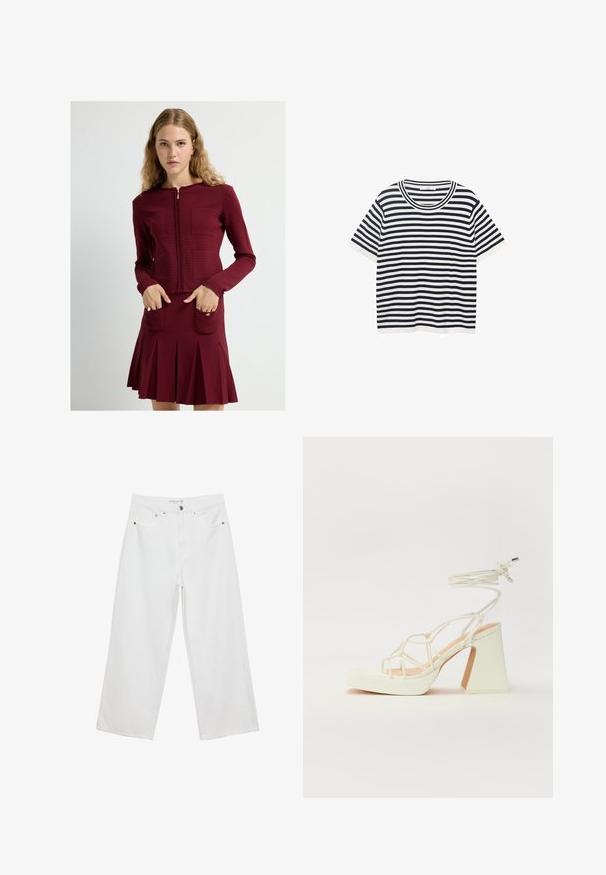 Veste zippée bordeaux avec un motif en grille texturé et deux poches avant, assortie d'une jupe évasée qui présente des plis.; T-shirt rayé en coton avec des rayures horizontales bleu marine et blanches, avec un col rond et des manches courtes. Texture lisse.; Jean large blanc en denim avec taille haute, comportant cinq poches et des accents en métal. Texture lisse, sans motifs visibles.; Sandale blanche à talons hauts avec un talon épais, présentant un design à lanières et un lien autour de la cheville. Texture lisse avec une plateforme à l'avant pour une hauteur supplémentaire.