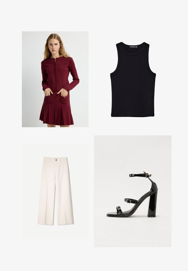 Bordeaux ritsjack met een getextureerd ruitpatroon en twee voorkisten, gecombineerd met een bijpassende flared rok met plooien.; Zwarte tanktop gemaakt van katoen, met een ronde halslijn en brede armopeningen. Gladde textuur met gestikte zomen. Klassiek, minimalistisch ontwerp.; Crème brede broek met een tailored ontwerp, voorzien van twee voorzakken en een enkele sluiting met een knop aan de voorkant, gemaakt van een gladde stof.; Zwarte patent lederen sandalen met hoge hakken, twee gespenbanden, een vierkante neus en een stevige blokhak, met een gladde, glanzende textuur.