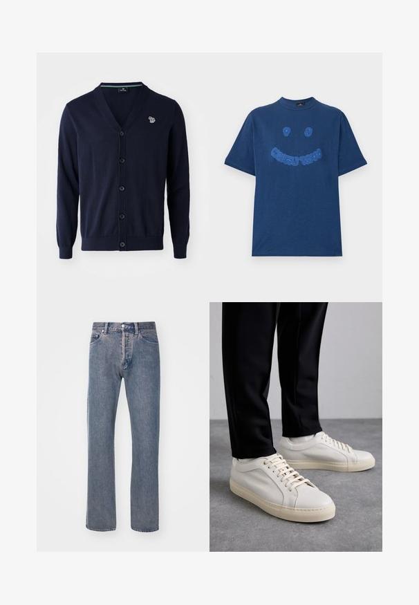 Navy knitted cardigan with a V-neck, five black buttons, and a small colorful logo on the left chest. Smooth texture, long sleeves.; Navy blue cotton t-shirt with a crew neckline. Features blue embroidered graphic text and smiley face design on the front. Short sleeves.; Light blue straight-leg jeans made of denim fabric, featuring a five-pocket design, a zip fly, and contrasting stitching details.; Light beige leather sneakers with flat laces, a textured surface, and a contrasting cream-colored rubber sole, paired with black tapered pants.
