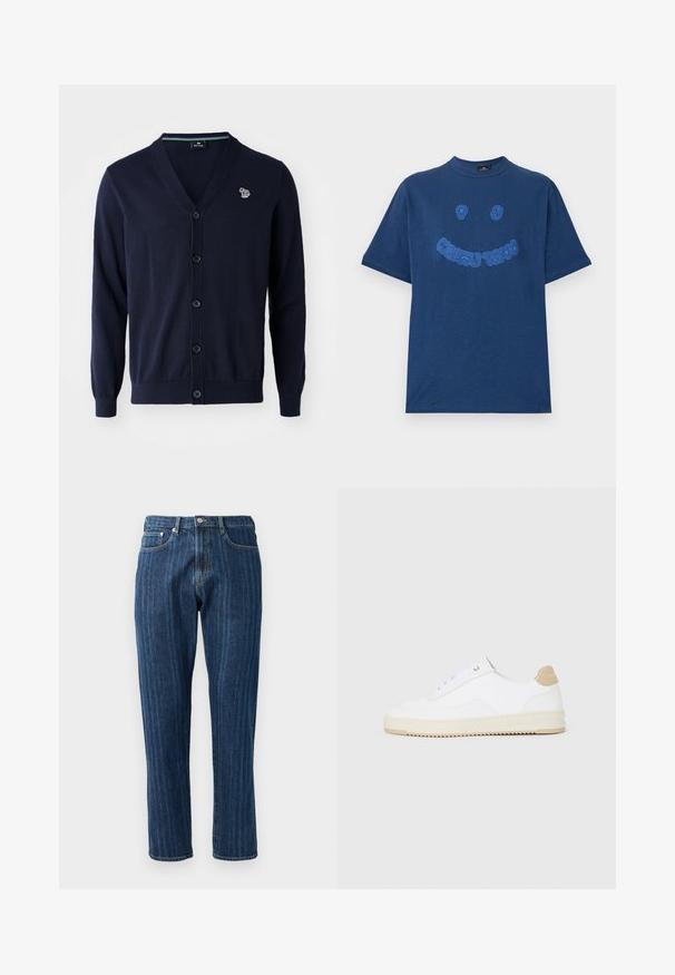 Marineblå strikket cardigan med V-hals, fem svarte knapper og en liten fargerik logo på venstre bryst. Glatt tekstur, lange ermer.; Marineblå bomull T-skjorte med rund hals. Inkluderer blå brodert grafisk tekst og smilende ansikt-design på fronten. Korte ermer.; Mørkeblå denim bukser med rette ben, synlige sømmer, fem-lommedesign og knappelukking i midjen.; Hvite lave sneakers med overdel i teksturert skinn, kremfarget såle med ribber og en brunt fargeklatt på hælen. Har hvite lisser og logodetalj på hælen.