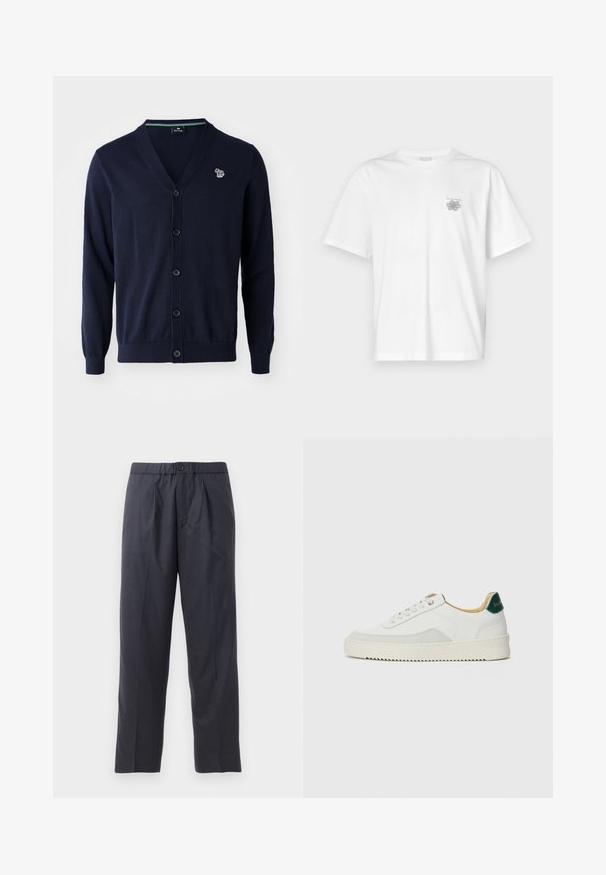 Navy knitted cardigan with a V-neck, five black buttons, and a small colorful logo on the left chest. Smooth texture, long sleeves.; White t-shirt made of cotton featuring short sleeves, a crew neck, and a small gray logo on the left chest area. Smooth texture.; Dark navy trousers made of soft fabric with a pleated front design and elastic waistband. Features a button closure and straight-leg cut.; White sneaker with suede accents, rounded toe, flat laces, and a cream rubber sole. Features green branding on the heel.