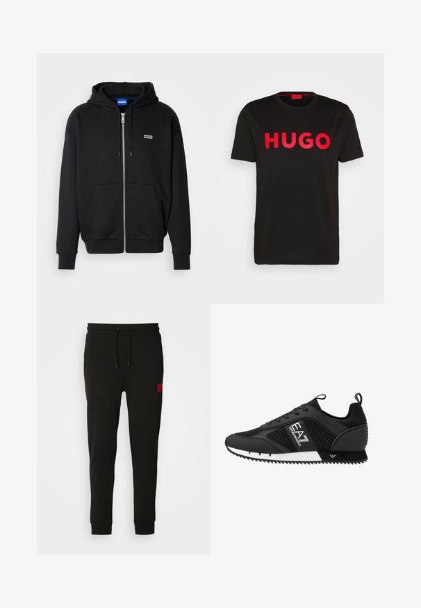 Sudadera con cremallera en color negro, fabricada con una mezcla de algodón, que cuenta con un gran bolsillo frontal, puños de canalé y una pequeña etiqueta con el logo en el pecho.; Camiseta de algodón negra con el text bold rojo "HUGO" en la parte frontal, mangas cortas, cuello redondo y un corte relajado.; Pantalones de chándal negros hechos de tela suave, con cintura ajustable con cordón, corte slim y un parche de logo rojo en el muslo izquierdo.; EA7 Emporio Armani Zapatillas - black/white