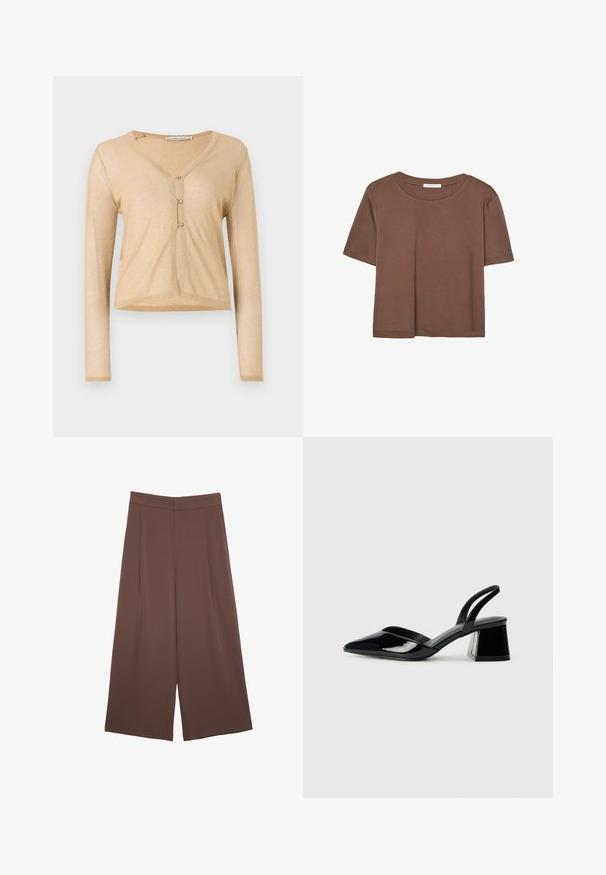 Bežový kardigán s dlhým rukávom vyrobený z textúrovanej, trblietavej látky s V-výstrihom a trojgombíkovým zapínaním vpredu.; Hnedé tričko s krátkym rukávom vyrobené z jemného materiálu, s okrúhlym výstrihom a voľným strihom. Žiadne viditeľné vzory ani akcenty.; Hnedé nohavice so širokými nohavicami a hladkou textúrou, s vysokým pásom a prednými skladmi. Tkanina je ľahká a voľne sa pohybuje.; Čierne lakované kožené sandálové podpätky s špicatou špičkou a geometrickým blokovým podpätkom. Disponujú elegantným, minimalistickým dizajnom a hladkým povrchom.