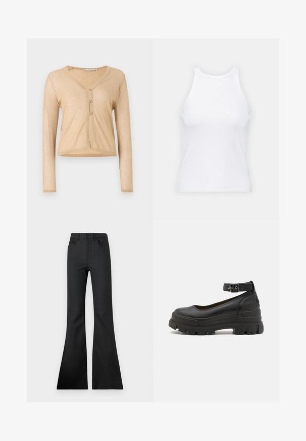 Beige kardigan s dlouhým rukávem vyrobený z texturované, třpytivé látky, který má V-výstřih a uzávěr na tři knoflíky vpředu.; Bílý bezrukávový top vyrobený z ribbed látky, s kulatým výstřihem a přiléhavým střihem, s minimem švů a bez ozdob.; Černé zvonové džíny s polovičním pasem, vyrobené z hladké látky. Mají pět kapes a viditelné švy.; Buffalo ASPHA - Lodičky s platformou - black