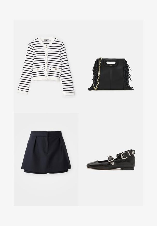 Gestreifter Cardigan in Weiß und Marineblau. Mit rundem Ausschnitt, langen Ärmeln, zwei vorderen Taschen und dekorativen Knöpfen.; Navyblaues gestreiftes Poloshirt mit spitzem Kragen, kurzen Ärmeln und zwei vorderen Taschen mit Druckknöpfen; hervorgehoben durch weiße Steppnähte.; Marinefarbene Falten-Shorts mit hoher Taille, aus glattem Stoff gefertigt. Sie verfügen über ein figurbetontes Design und eine versteckte Fronttasche.; Schwarze Lackleder-Ballerina mit eckiger Zehenpartie, Knöchelriemen mit silberner Hardware und flacher Sohle. Glatte Textur mit minimalistischen Design.; Schwarze Lederhandtasche mit Fransen-Details, goldener Ketten-Schulterriemen und einem ausgeschnittenen Griff. Mit Logoplatzierung auf der Vorderseite.