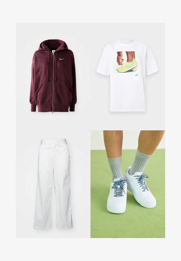 Sweatshirt Nike em bordô com fecho na frente, capuz grande, bolsos frontais e um pequeno logótipo branco no lado esquerdo do peito. Tecido suave com punhos canelados.; T-shirt branco de algodão com uma gráfica de pés em chuteiras Nike amarelas com detalhes azuis, combinado com uma pulseira no pulso esquerdo.; Calças largas brancas feitas de algodão, com uma textura suave, corte reto, bolsos frontais e bainha limpa.; Sapatilhas de couro brancas com detalhes azuis, design de biqueira perfurada e atacadores texturizados azul e branco, usadas com meias cinzas caneladas.