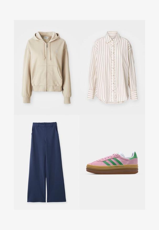 Beige zip-up hoodie with a drawstring hood, kangaroo pockets, ribbed cuffs and hem, and a small logo on the left chest. Soft fabric texture.; Striped shirt in cream and light brown, featuring a button-up front, collar, and long sleeves with a slightly curved hem.; Navy blue wide-leg pants with elastic waistband, belt loops, and side pockets, displayed flat on a white background.; Pink suede sneakers with green stripes, white accents, and a brown rubber sole. Features textured fabric and logo detailing on the side.