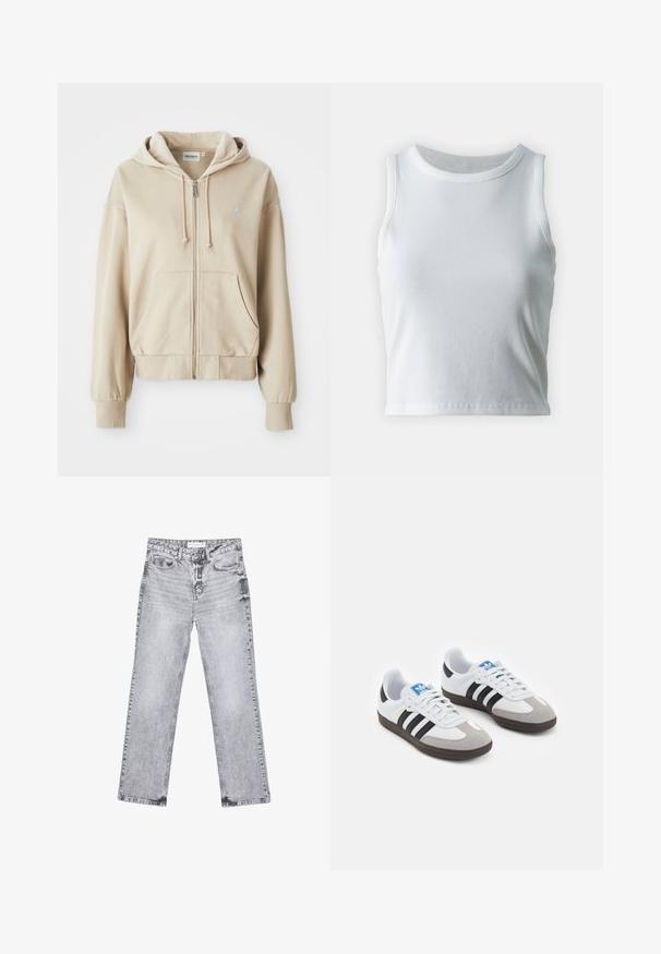 Béžová zipová mikina s kapucí na šňůrku, klokánkovými kapsami, žebrovanými manžetami a lemem a malým logem na levé části hrudi. Měkká textura látky.; Bílý žebrovaný tílko s kulatým výstřihem a bezramínkovým designem, s rovnými lemy a hladkou, elastickou strukturou.; Šedé džíny z denimu se střihy rovnými nohavicemi, s poškozenou úpravou, pěti kapsami a měděnými nýtky. Pasová část obsahuje logo štítek.; Sportovní boty s bílým koženým svrškem, šedou semišovou špičkou a třemi černými pruhy. Obsahují modré logo na jazyku a texturovanou gumovou podrážku.