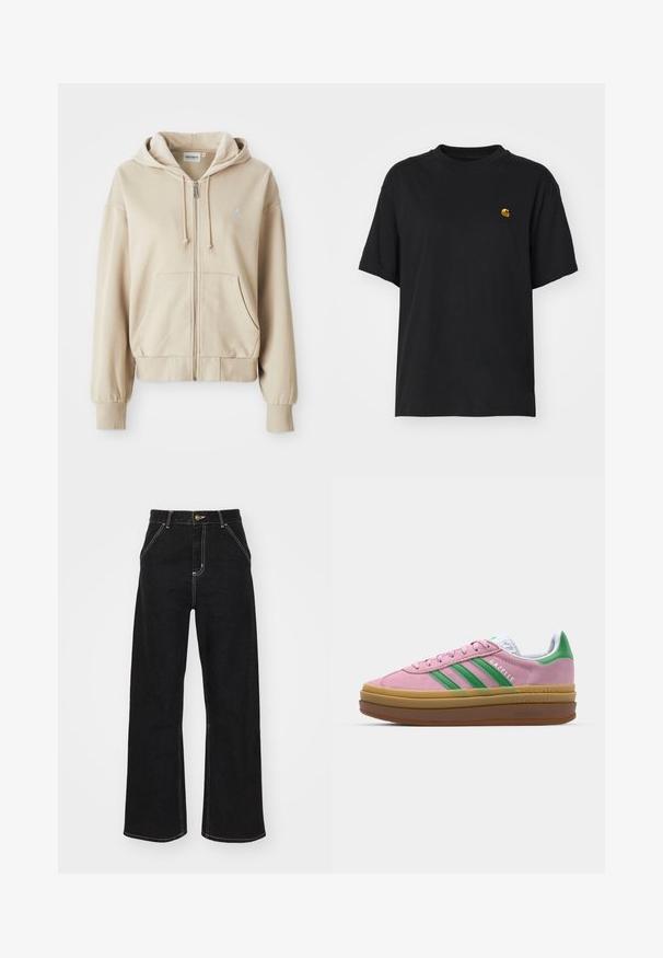 Beige zip-up hoodie with a drawstring hood, kangaroo pockets, ribbed cuffs and hem, and a small logo on the left chest. Soft fabric texture.; Black cotton t-shirt with a relaxed fit. Features a round neck and short sleeves. Includes a small gold embroidered logo on the chest.; Black wide-leg jeans made of denim, featuring contrasting white stitching and a front button closure, with two angled front pockets.; Pink suede sneakers with green stripes, white accents, and a brown rubber sole. Features textured fabric and logo detailing on the side.