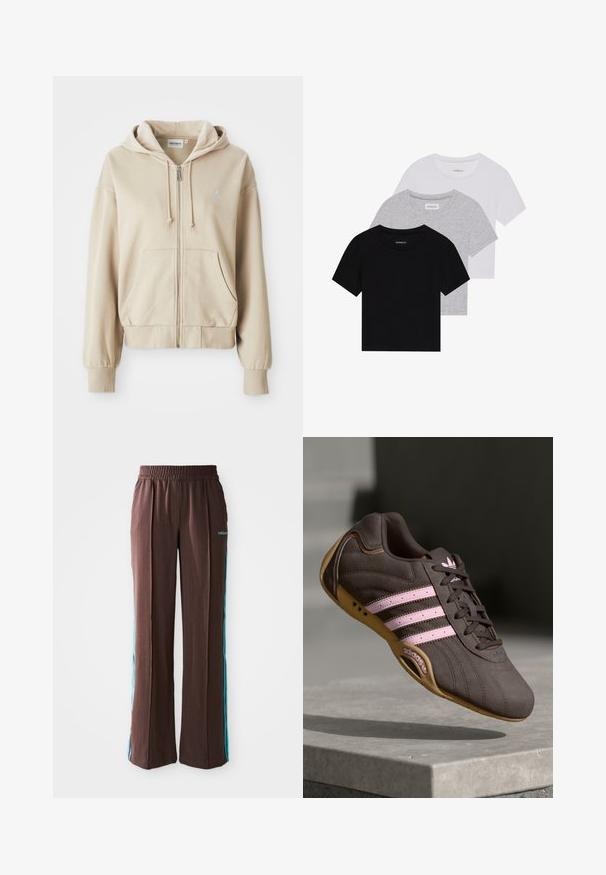 Sudadera beige con cremallera, capucha ajustable, bolsillos tipo canguro, puños y dobladillo acanalados, y un pequeño logo en el lado izquierdo del pecho. Textura de tela suave.; Conjunto de tres camisetas de manga corta en negro, gris y blanco. Están hechas de algodón, cuentan con cuello redondo y un diseño simple de un solo color.; Pantalones deportivos marrones con textura acanalada, cinturilla elástica y rayas laterales turquesas. Presenta el logo de adidas en la parte frontal.; Zapatilla deportiva de ante marrón con rayas y logotipo en rosa, con parte superior texturizada, cierre de cordones y suela de goma.