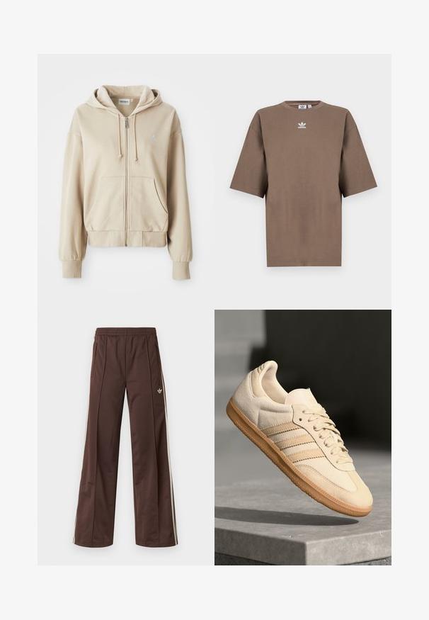 Sweat à capuche zippé beige avec un cordon de serrage, poches kangourou, poignets et ourlet côtelés, et un petit logo sur la poitrine gauche. Texture de tissu douce.; T-shirt en coton marron à manches courtes, col rond et logo Adidas blanc centré sur la poitrine, avec un design épuré et une coupe décontractée.; Pantalon de sport marron à jambes larges, avec des bandes blanches sur les côtés, une taille élastique et deux poches latérales. Présente un petit logo sur la jambe.; Sneaker en suède beige clair avec semelle en gomme, trois rayures diagonales et un capuchon de pied texturé. Logo sur la languette et sur le côté.