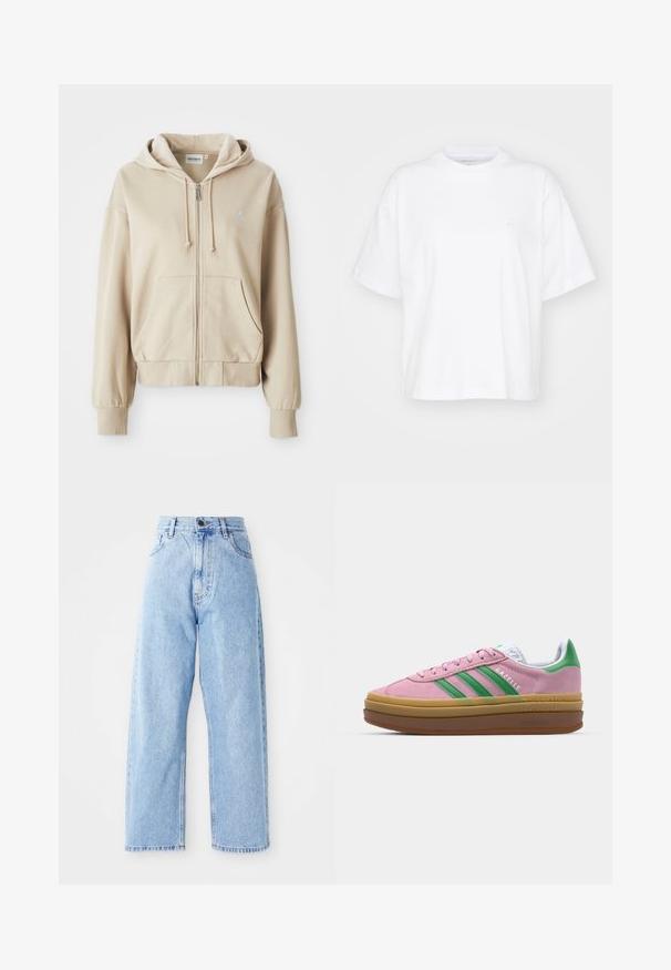 Beige Kapuzenpullover mit Reißverschluss, Kordelzugkapuze, Kängurutaschen, gerippten Bündchen und Saum sowie einem kleinen Logo auf der linken Brust. Weiche Stoffstruktur.; Weißes Baumwoll-T-Shirt mit Rundhalsausschnitt, kurzen Ärmeln und lockerer Passform. Verfügt über ein dezentes Logo auf der linken Brustseite. Glatte Textur.; Hoch-taillierte hellblaue Jeans mit geraden, weiten Beinen, vorderem Knopf, Reißverschluss und Front- sowie Gesäßtaschen.; Rosa Wildledersneaker mit grünen Streifen, weißen Akzenten und einer braunen Gummisohle. Verfügt über strukturierten Stoff und Logodetails an der Seite.