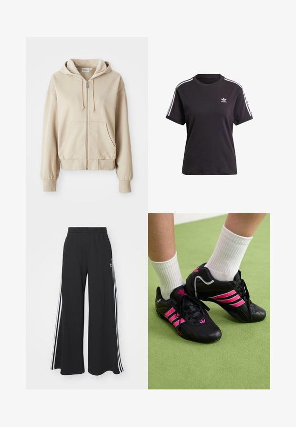 Beež zip-up kapuutsiga dressipluus, millel on reguleeritav kapuuts, kõhukotid, ribbed varrukate ja hem ning väike logo vasakul rinnal. Pehme kangast tekstuur.; Must kõrge kaelusega must puuvillane T-särk lühikeste varrukatega, millel on valged triibud õlgadel ja väike valge Adidas'i logo rinna peal.; Mustad laiad trenni püksid elastse vöökohtaga, millel on valged küljeribad ja tikitud logo vasakul reiel.; Mustad musta värvi spordijalatsid, millel on kolm roosat triipu, tekstureeritud nahkpealne, mustad paelad ja logo detail, koos valgete ribaga sokkidega rohelisel pinnal.
