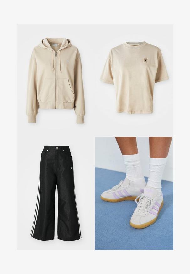 Felpa beige con zip, cappuccio regolabile, tasche a marsupio, polsini e fondo a coste, e un piccolo logo sul lato sinistro del petto. Tessuto morbido.; T-shirt in cotone beige con vestibilità comoda, scollo rotondo, maniche corte e un piccolo logo quadrato sulla parte sinistra del petto.; Pantaloni in denim neri a gamba larga con tre strisce bianche su ciascun lato e un piccolo logo bianco. Presentano tasche frontali e chiusura con bottone.; Sneaker in suede grigio chiaro con tre strisce lilla, suola in gomma naturale, lacci piatti e calzini bianchi a costine. Ambientate su uno sfondo blu.