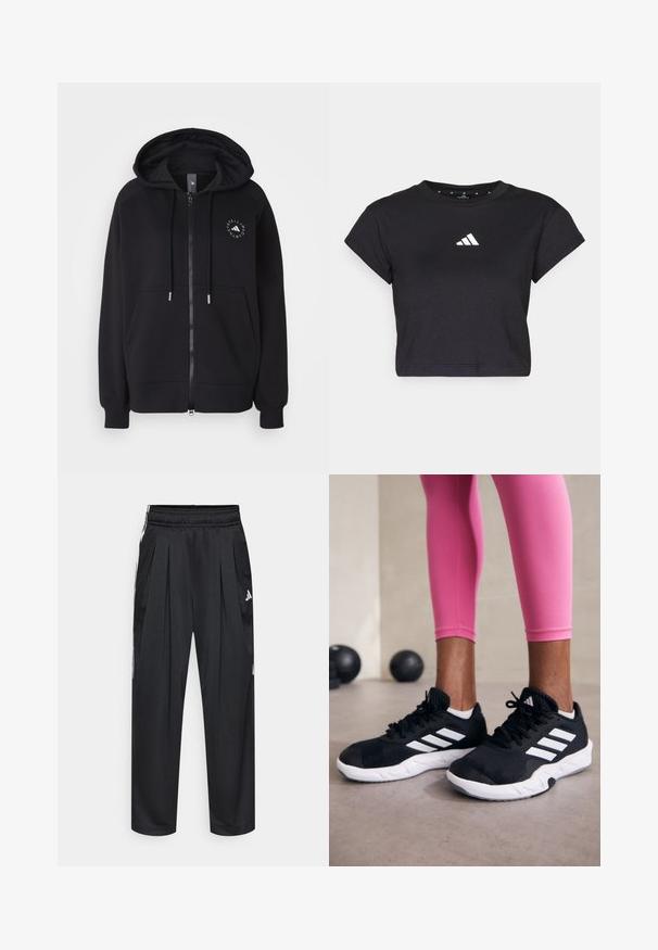 Crna dukserica s zatvaračem, kapuljačom na vezanje, kengurufrontim džepovima i kružnim logom na lijevoj strani prsnog koša. Mekani materijal i rebrasti manžeti.; Crna skraćena majica od pamuka, s kratkim rukavima i bijelim Adidas logom na prsima. Glatka tekstura, okrugli izrez.; Crne sportske hlače s naborima, elastičnim pojasom i bočnim prugama. Izrađene od glatkog tkanina, s Adidas logotipom u bijeloj boji.; Crne atletske cipele s bijelim prugama, gornji dio od teksturirane mrežaste tkanine i bijelim potplatom. Nošene uz ružičaste tajice, prikazujući trenirku.