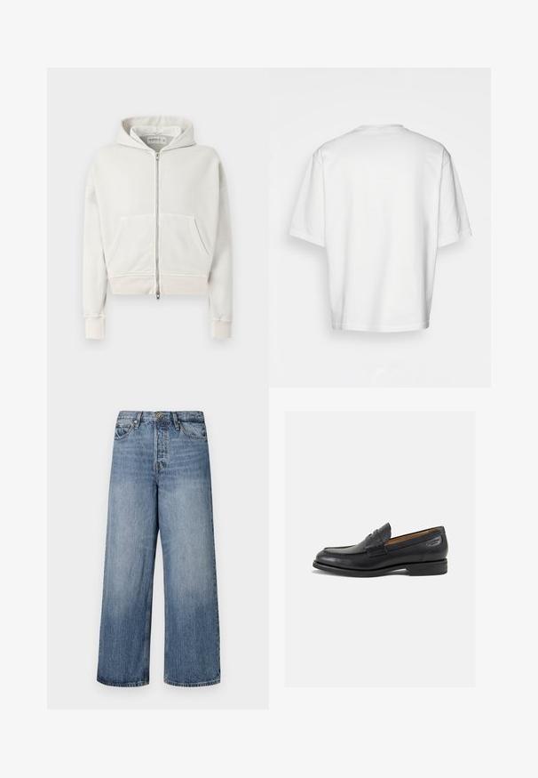 Šviesiai pilkas, trumpas džemperis pagamintas iš minkštos medvilnės. turi užtrauktuką priekyje, dvi priekinės kišenes, sutraukiamas rankogalius ir kapisoną su virvutėmis.; Balta trumpa rankovėmis marškinėliai, laisvas kirpimas, apvalus iškirpimas, lygaus džinsinio audinio, nepuošta nugara, tiesiai kraštu, be raštų ar akcentų.; Platus blekno džinsai su išblukusiu skalbimu, penkių kišenių dizainu ir mygtukų uždarymu. Įrengti diržo kilpomis ir siuvinėjimu.; Juodi odiniai loafersai su lygiu paviršiumi, apvaliu pirštu ir dekoratyvine siūlė viršuje. Žemas sustiprintas kulnas ir lengvas blizgesys.