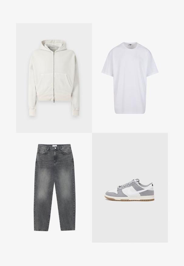 Ljusgrå, kort hoodie tillverkad av mjuk bomull. Har dragkedja fram, två framfickor, ribbade ärmslut och en huva med dragsko.; Vit bomull t-shirt med korta ärmar, rundad halsringning, avslappnad passform och utan synliga logotyper eller mönster. Slät textur och minimal design.; Högmidjade, löst sittande jeans i blekt svart denim. Inkluderar fem fickor, bälteshällor och en ren, rak ben-design.; Grå och vit sneakers med överdel i mocka och läder, rund tå, platta snören och en gummisula med ett accent i gummi.
