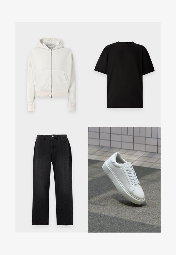 Svijetlosivi, skraćeni dukserici od mekanog pamuka. Ima prednji zip, dva prednja džepa, rebraste manšete i kapuljaču s vezicom.; Crni kratki rukav T-shirt izrađen od rebrastog materijala. Ima okruglu izrezanu vratnicu i opušten kroj s glatkom teksturom. Samo stražnji pogled.; Crne traperice od denima s ravnim krojem. Imaju kopčanje na gumb, omče za remen i dva bočna džepa. Glatka tekstura, bez vidljivih uzoraka.; Bijela kožna tenisica s glatkom površinom, okruglim vrhom i ravnim bijelim vezicama. Ima teksturiran gumeni potplat i minimalne dizajnerske elemente.