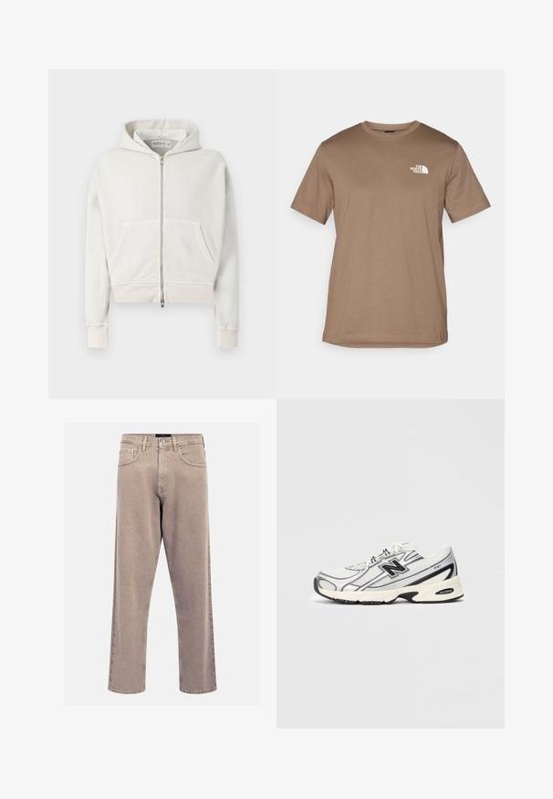 Vaalea harmaa, lyhyt huppari, joka on valmistettu pehmeästä puuvillasta. Varusteena vetoketjuyksityiskohta edessä, kaksi etutaskua, ribbireunat ja kiristysnauha hupussa.; Ruskea lyhythihainen T-paita, joka on valmistettu puuvillasta ja jossa on ribbireunallinen pyöreä kaula-aukko. Sisältää pienen valkoisen logon vasemmassa rintakappaleessa.; Vaaleat suorat farkut, jotka on valmistettu denimistä ja joissa on klassinen viiden taskun muotoilu, ommeltuja yksityiskohtia ja siisti helma.; Valkoiset ja harmaat urheilukengät mustalla "N"-logolla, verkkomateriaali yläosassa, pehmustettu pohja ja nauhakiinnitys, esitelty vaaleanharmaalla taustalla.
